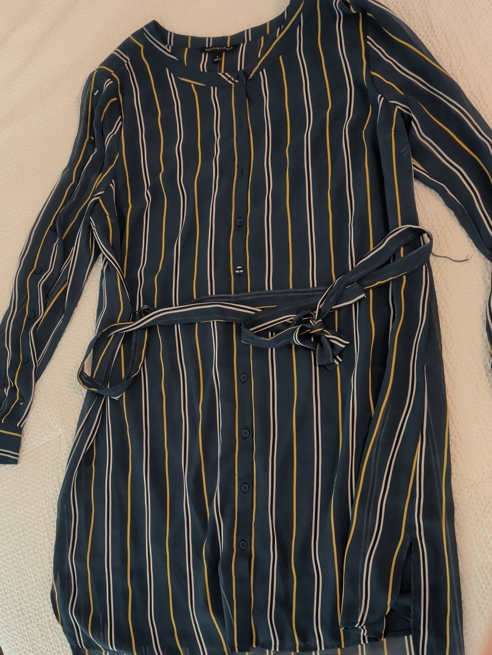 Signature Studio Navy Striped Button-Front Tie-Waist Long Sleeve Dress